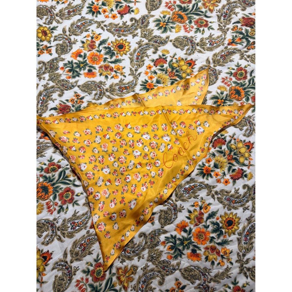 Coach Silk Neck Scarf Mustard Yellow Ditsy Floral Logo Print Accessory